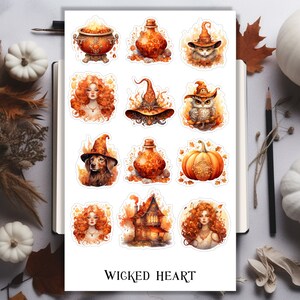 Foglio di adesivi Fire Witch - adesivi, adesivi, magia, incantesimi, libro delle streghe, tarocchi, ragazze, elementi, autunno, zucca, foglie, piante