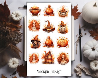 Fire Witch Sticker Sheet - Stickers, Magic, Spells, Witch Book, Tarot Cards, Girls, Elements, Autumn, Pumpkin, Leaves, Plants