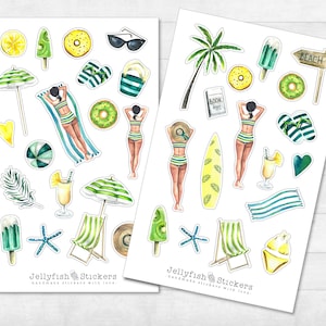 Conjunto de pegatinas de verano - pegatinas, pegatinas de diario, pegatinas playa, mar, vacaciones, diario de viaje, viajes, crucero, niña, mujer