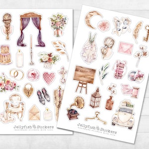 Conjunto de pegatinas de boda - pegatinas, pegatinas del planificador, flores de pegatinas, vestido de novia, aniversario, día de la boda, novia, novio, favor