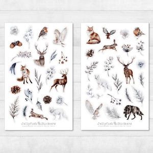 Winter Waldtiere Sticker Set - Aufkleber, Journal Sticker, Planer Sticker, Sticker Fuchs, Tiere, Hase, Hirsch, Eule, Blumen, Blätter, Schnee