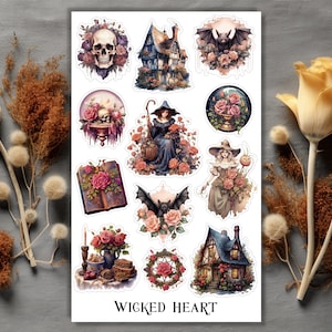 Arkusz naklejek Rose Witch-naklejki, naklejki, magia, zaklęcia, księga czarownic, karty tarota, nietoperz, Halloween, kwiaty, książki, dom, domy