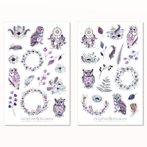 Eulen Sticker Set - Journal Sticker, Planersticker, Natur, Wald, Eule, Vogel, Floral, Blumen, Pflanzen, Federn, Blätter, Knospen