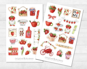 Strawberries Gnome Sticker Set - Journal Stickers, Planner Stickers, Decals, Stickers Summer, Flowers, Garden, Nature, Fruit, Kitchen, Baking, Elf