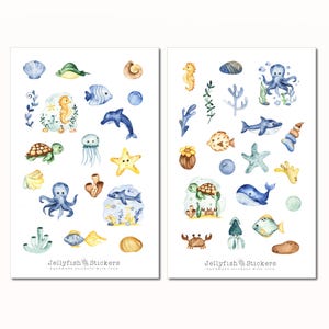 Leuke stickerset met zeedieren - zeestickers, maritieme stickers, schelpen, strand, oceaan, vakantie, meer, walvis, kwal, dolfijn, onderwater