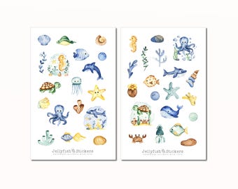 Cute Sea Creatures Sticker Set - Sea Stickers, Maritime Stickers, Shells, Beach, Ocean, Vacation, Lake, Whale, Jellyfish, Dolphin, Underwater