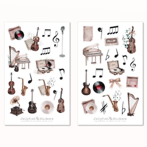 Conjunto de adesivos musicais - adesivos, adesivos de diário, adesivos de planejador, instrumentos de adesivos, vintage, notas musicais, guitarra, piano, violino, saxofone