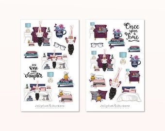 Mädchen Bücher Sticker Set – Journal-Aufkleber, Planer-Sticker, Gemütliches Lesemotiv (2 Bögen)