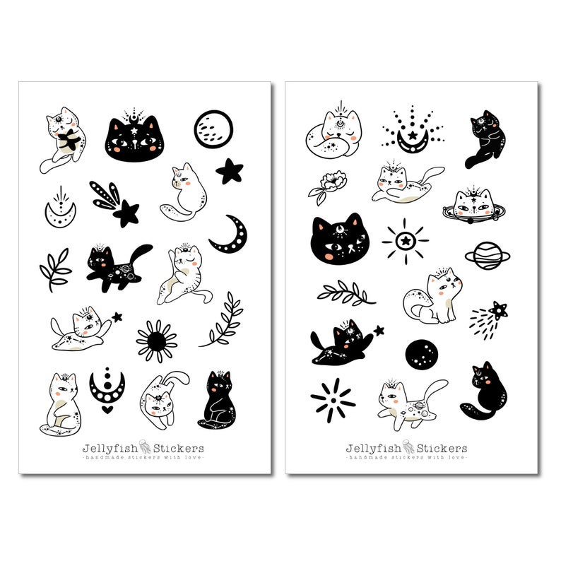 Puede incluir: Dos hojas de pegatinas en blanco y negro con lindos gatos con dise&ntilde;os celestiales y m&iacute;sticos. Las pegatinas incluyen gatos con estrellas, lunas, planetas, soles y otros elementos celestiales. El texto "Jellyfish Stickers" aparece en ambas hojas.