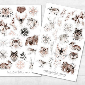 Set di adesivi per animali mistici della foresta - Adesivi per diario, adesivi per pianificatore, decalcomanie, foresta, orso, uccello, piante, fiori, gufo, cervo, lupo, cervo