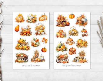 Juego de pegatinas de calabaza: pegatinas, pegatinas para planificador, pegatinas de jardín, otoño, cocina, repostería, cocina, libro de recetas, naturaleza, bosque, Halloween, acuarela