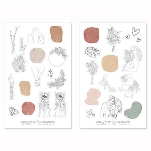 Set de pegatinas para boda: pegatinas, pegatinas para diario, planificador, pegatinas para boda, aniversario, día de la boda, libro de visitas, bellas artes, arte lineal, flores.