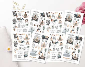 Mädchen Entspannung Sticker Set – Journal & Planer Sticker, Gemütliche Motive, 2 Bögen
