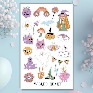 Hoja de pegatinas de bruja hippie - pegatinas, pegatinas, magia, magia, libro de brujas, niña, Halloween, retro, calavera, fantasma, fantasma, colorido, rosa