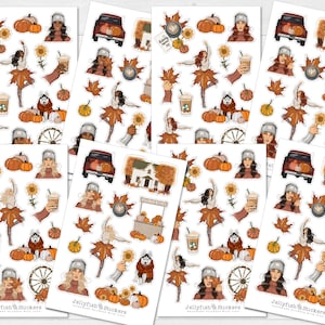 Girl's Autumn Sticker Set - Journal Stickers, Planner Stickers, Girl Stickers, Woman, Stickers Autumn Leaves, Pumpkin, Home, Cozy