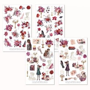 Set di adesivi Dark Academia - Adesivi Fiori Ragazza Scultura Figura Rose Candele Bouquet Uccelli Natura Floreale Piante Foglio di adesivi