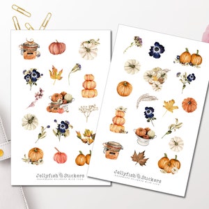 Conjunto de adesivos de abóbora de outono - Adesivos para diário, planejador de adesivos, adesivos de abóbora, culinária, comida, plantas, flores