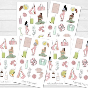 Conjunto de adesivos de fitness para meninas - adesivos de diário, adesivos de planejador, adesivos para autocuidado, cuidados com a pele, beleza, moda, esporte, casa, treino, rotina