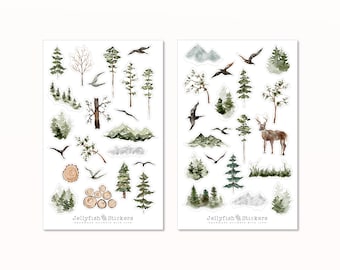 Forest Sticker Set - Journal Stickers, Planner Stickers, Nature Stickers, Mountains, Hiking, Camping, Vacation, Fog, Birds, Watercolor, Deer, Stag