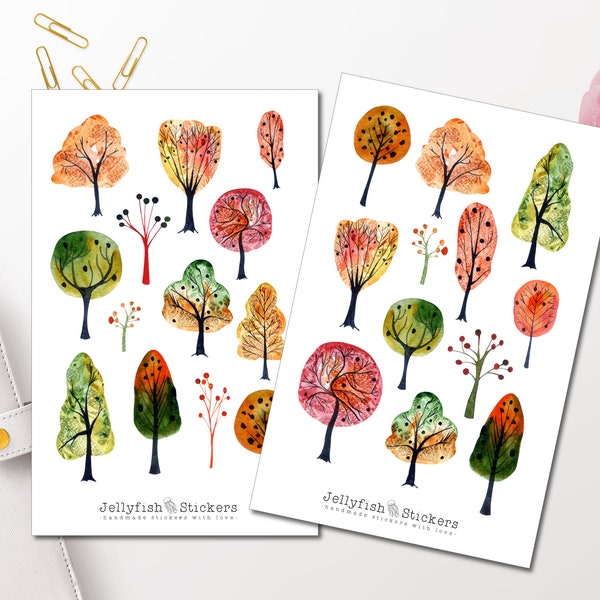 Herfstbomen sticker set - dagboekstickers, dagboekstickers, plannerstickers, herfst, herfstbladeren, natuur, tuin, boom, parkstickervel