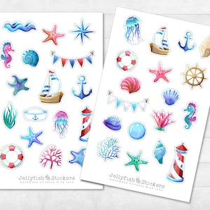 Set di adesivi marittimi: adesivi marini, adesivi per diari, adesivi per navi, conchiglie, spiaggia, mare, vacanze, lago, meduse, faro, creature marine