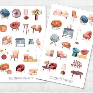 Meubelstickerset - stickers, dagboekstickers, plannerstickers, stickers thuis, retro, appartement, woonkamer, huis, bank, bloemen, beige