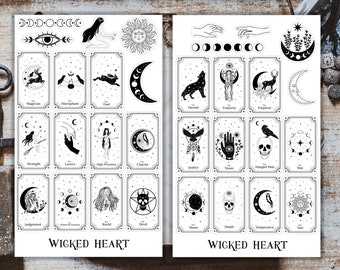 Hoja de pegatinas de tarot - pegatinas, magia, hechizos, libro de brujas, conjuro de bruja, cartas del tarot, vampiro, gótico, bruja, mago, luna, estrellas