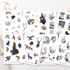 Ensemble d’autocollants de forêt mystique - Autocollants Filles, Autocollants de journal, Forêt d’autocollants, Autocollants de planificateur, Animaux, Renard, Cristal, Floral, Fleurs