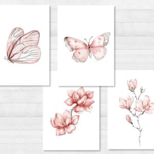 Schmetterlinge und Magnolien Postkarten Set DIN A6 - Karte, Geschenk, Bild, Garten, Floral, Print, Grußkarte, Schreiben, Post, Rosa