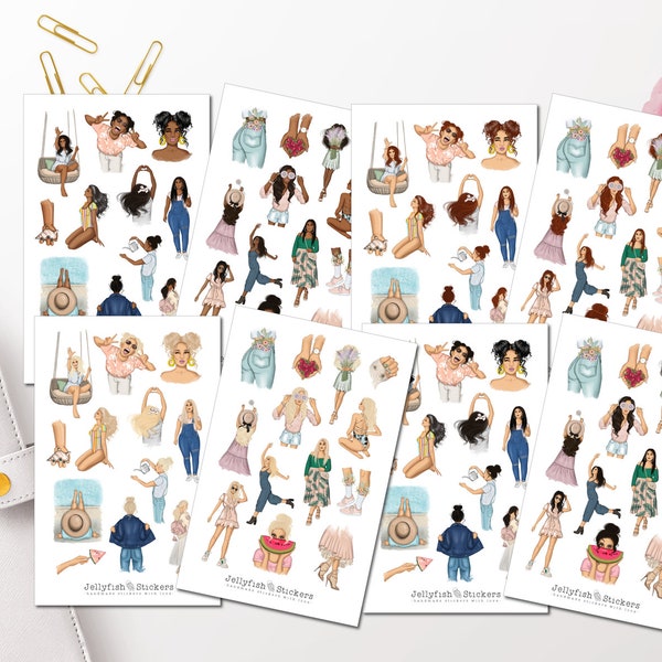 Spring & Summer Girls Collection Sticker Set - Stickers, Journal Stickers, Planner Stickers, Girls Stickers, Summer, Leisure, Spring, Fashion