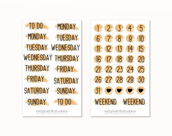 Planner Sticker Set - Journal, Stickers, Days of the Week, Date, DIY, Calendar, Days, Weekend, Planning, Notebook, Heading, Numbers