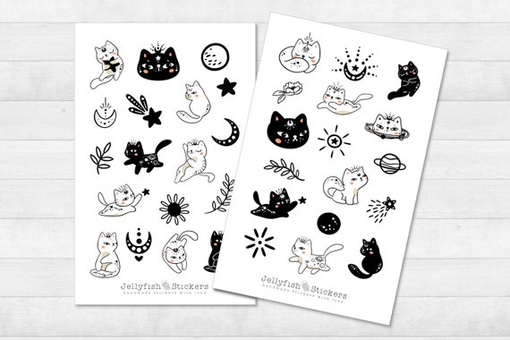 Katzen Sticker Set - Süße Aufkleber, Journal Sticker, Haustiere, Sticker Planer, Sticker Sheet, Magie, Mond, Sterne, Magie, Blumen