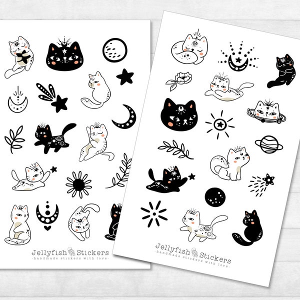 Katzen Sticker Set - Süße Aufkleber, Journal Sticker, Haustiere, Sticker Planer, Sticker Sheet, Magie, Mond, Sterne, Magie, Blumen