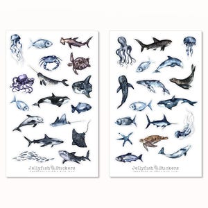 Zeedieren sticker set - zeestickers, dagboekstickers, maritieme stickers, zee, vakantie, walvis, kwallen, dolfijn, vis, haai, schildpad