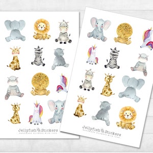 Stickerset voor babydieren - schattige stickers, dagboekstickers, plannerstickers voor kinderen, olifant, giraf, leeuw, zebra, eenhoorn, nijlpaard