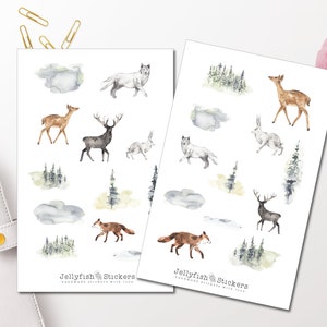 Ensemble d’autocollants d’animaux d’automne - Autocollants de journal, autocollants de journal, autocollants de planificateur, forêt, renard, nature, loup, feuille d’autocollants d’arbres de Noël