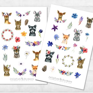 Ensemble d’autocollants d’animaux et de fleurs - Autocollants mignons, autocollants de journal, autocollants de planificateur, autocollant renard, cerf, loup, souris, forêt, autocollants animaux