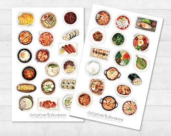 Asiatische Gerichte Sticker Set - Journal Sticker, Sticker Essen, Koreanisch, Restaurant, Küche, Kochen, Stäbchen, Asien, Fleisch, Rezepte