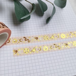 Washi Tape Magic - ouro, lua, sol, estrelas, elementos, bruxa, cobra, magia, borboleta, livro de feitiços, mão, cristal, rosa