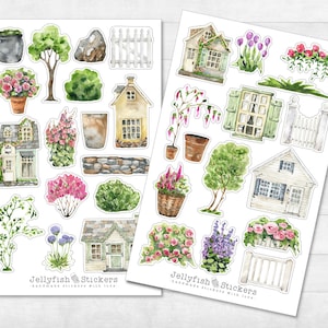 Huis- en tuinstickerset - bloemenstickers, dagboekstickers, plannerstickers, stickers natuur, bloemen, planten, huis, huis