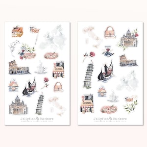 Set di adesivi Italia - Adesivi, adesivi per diari, adesivi per le vacanze, diario di viaggio, viaggi, escursioni, attrazioni, gita in città, Europa