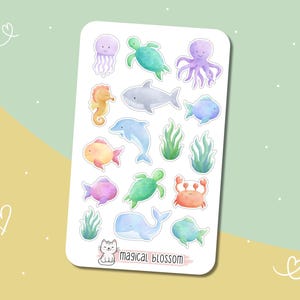 Meerestiere Stickerbogen - Aufkleber, Sticker, niedlich, Tiere, Delfin, Fisch, Schildkröte, Qualle, Krabbe, Hai, Wal, Babyalbum, für Kinder