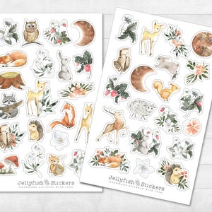 Conjunto de pegatinas de animales del bosque - pegatinas, pegatinas de diario, pegatinas del planificador, animales de pegatinas, zorro, conejo, búho, flores, luna, naturaleza, ciervo, erizo, seta