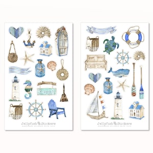 Set di adesivi marittimi - adesivi mare, adesivi per diari, adesivi conchiglie, spiaggia, vacanze, estate, vacanze al mare, mare, ancora, viaggio in nave