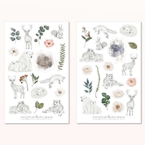 Ensemble d’autocollants d’animaux - Autocollants de planificateur, autocollants de journal, nature, fleurs, renard, cerf, cerf, animaux de la forêt, écureuil, ours polaire