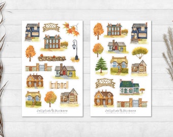 Houses Fall Sticker Set - Journal Stickers, Planner Stickers, Decals, Stickers House, City, Building, Village, Street, Landscape, Nature