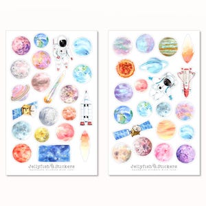 Planeten Sticker Set - Aufkleber Weltall, Journal Sticker, Papier, Aufkleber, Sticker Erde, Mond, Planet, Weltraum, Astronaut, Rakete