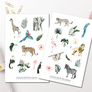 Conjunto de adesivos de animais da selva de verão - adesivos de diário adesivos de planejador adesivos de férias, viagens, leão, elefante, África, deserto, animais