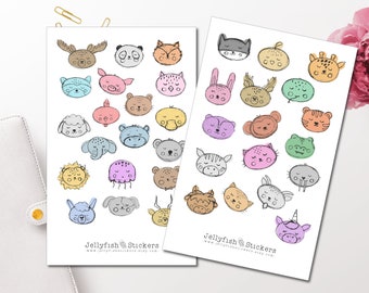 Animal Heads Sticker Set - Animal Stickers, Reward Stickers, Stickers for Kids, Cute Stickers, Kindergarten, Cat, Panda, Sheep, Lion, Monkey
