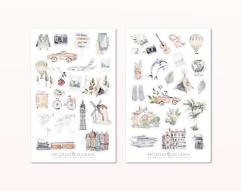 Set de pegatinas de viaje: pegatinas para diario, pegatinas de vacaciones, diario de viaje, verano, excursiones, fin de semana, turismo, escapada urbana.